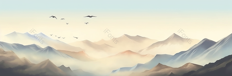 淡彩水墨画中国风水墨山水画山峰上群鸟飞过天空彩色水墨画,插画/手绘图,插画/手绘图库,插画/手绘图下载,插画/手绘